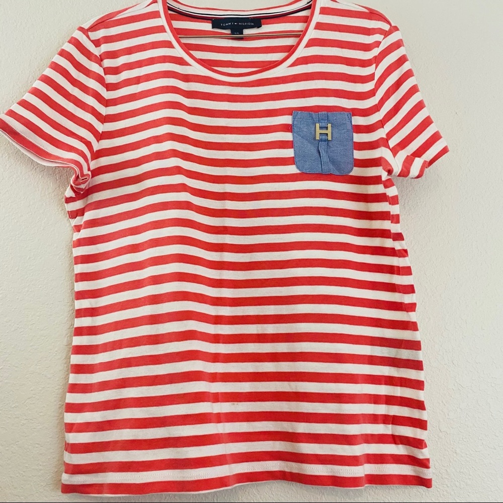 Tommy Hilfiger Orange Coral Striped Tee T-shirt L